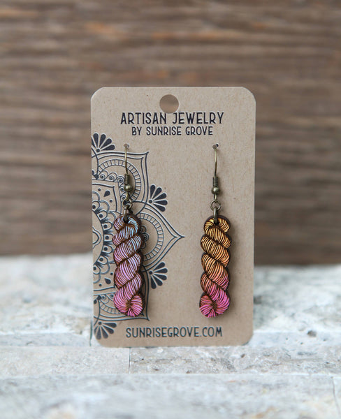 Yarn Hank Earrings - Mixed Colors/Wood for Fiber Enthusiasts: Pink Colors