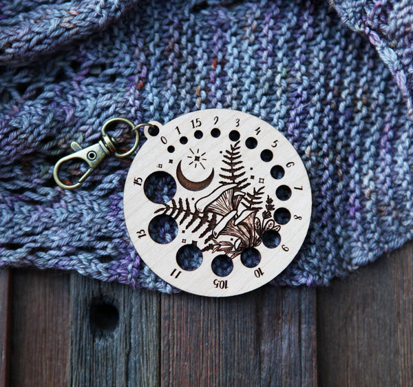 Cherry Wood Knitting Gauge with Moon, Stars & Bronze Clasp