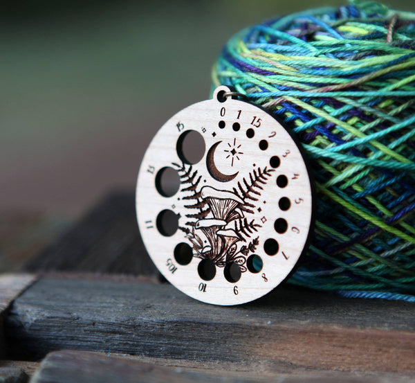 Cherry Wood Knitting Gauge with Moon, Stars & Bronze Clasp