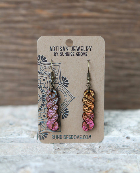 Yarn Hank Earrings - Mixed Colors/Wood for Fiber Enthusiasts: Pink Colors