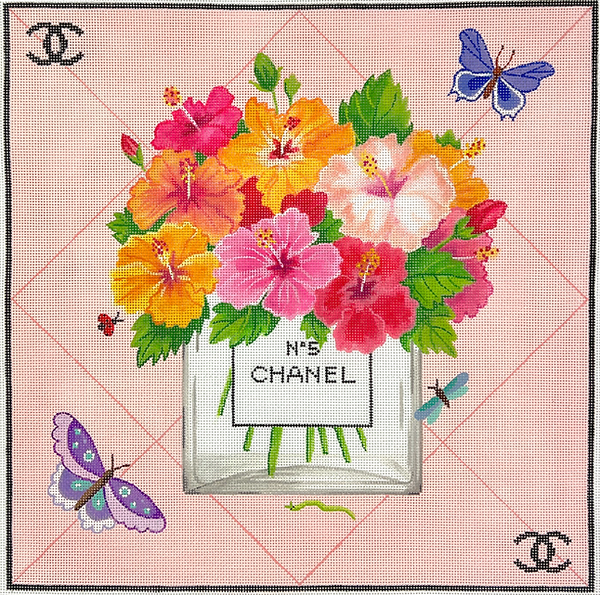 PL-567 Designer Scarf Series - Chanel-inspired Flowers in No. 5 Bottle w/Butterflies - on blush