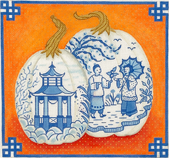 PL-470 Chinoiserie Porcelain Pumpkin w/Chinese border - blues, oranges & gold