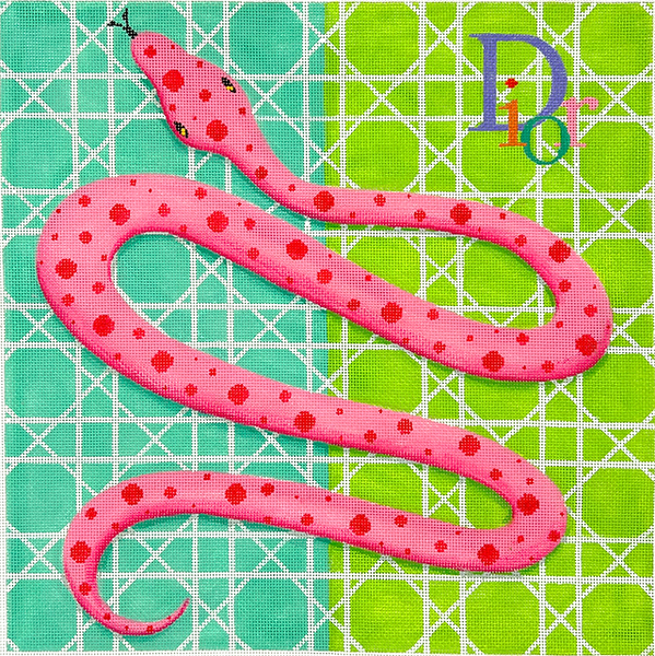 PL-569 Designer Scarf Series - Dior-inspired Pink Snake on Turquoise/Lime background