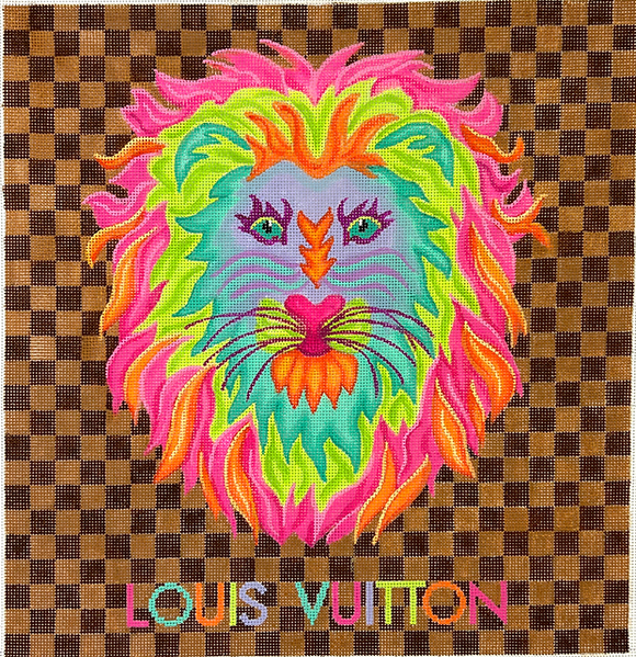 PL-573 Designer Scarf Series - LV-inspired - Colorful Lion on Brown Checkerboard