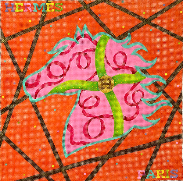 PL-564 Designer Scarf Series - Hermes-inspired Confetti Horse - brights on orange