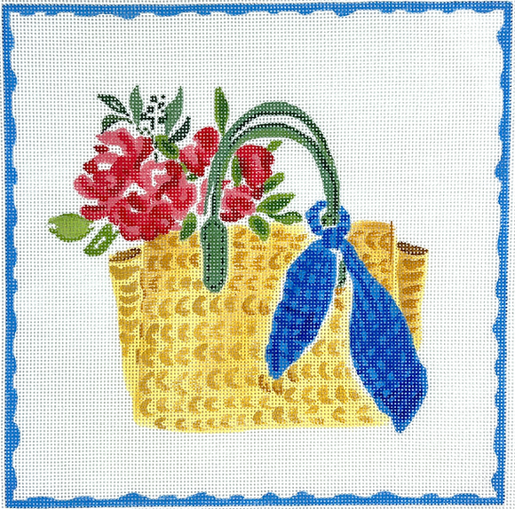 LB-PL-30 Straw Bag w/Blue Scarf & Flowers