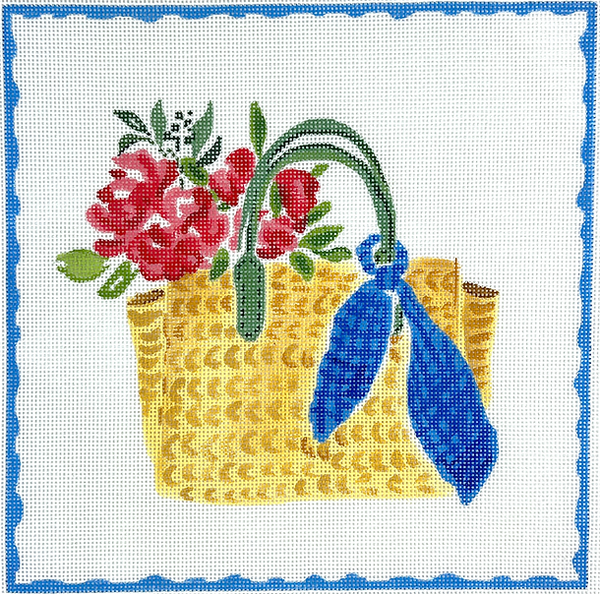 LB-PL-30 Straw Bag w/Blue Scarf & Flowers
