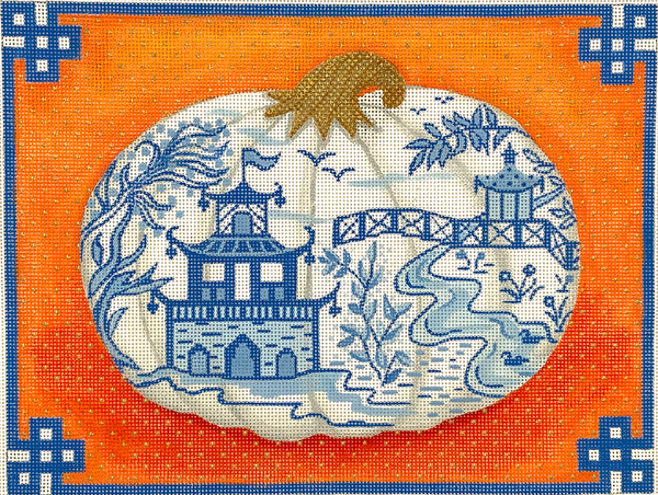 PL-469 Chinoiserie Porcelain Pumpkin w/Chinese border - blues, oranges & gold
