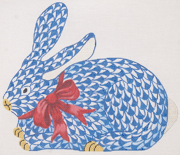 SST-332 Herend-inspired Fishnet Crouching Blue Bunny w/Red Bow