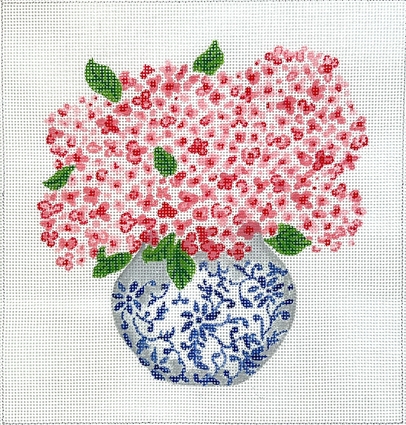 LB-PL-36 Blue Chinoiserie Pot w/Pink Hydrangeas