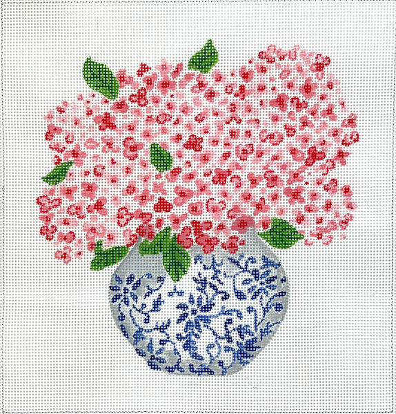 LB-PL-36 Blue Chinoiserie Pot w/Pink Hydrangeas