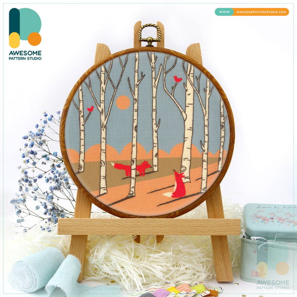 Two Foxes and Birds Embroidery Kit