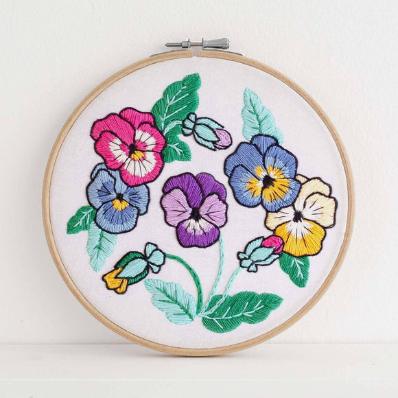 Springtime Pansies Sampler DIY Premium Embroidery Kit, 6 inch