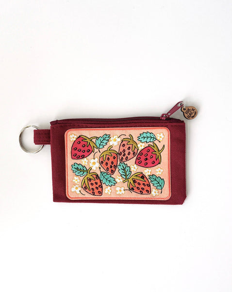 Strawberries embroidered zipper keyring pouch wallet