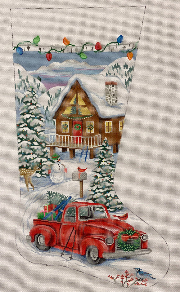 AP4280 Red Truck and Ski Lodge Stocking