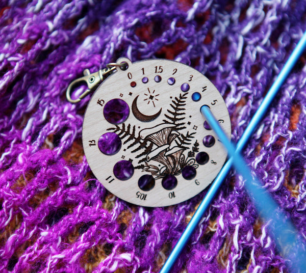 Cherry Wood Knitting Gauge with Moon, Stars & Bronze Clasp