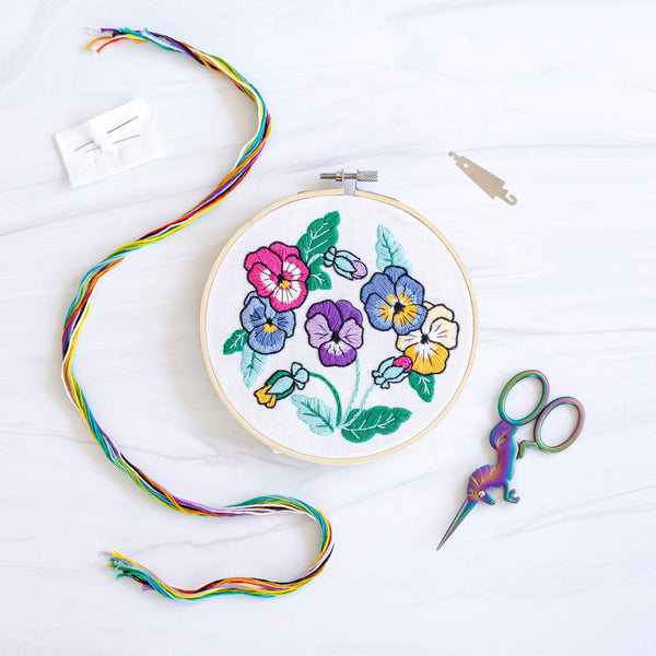 Springtime Pansies Sampler DIY Premium Embroidery Kit, 6 inch