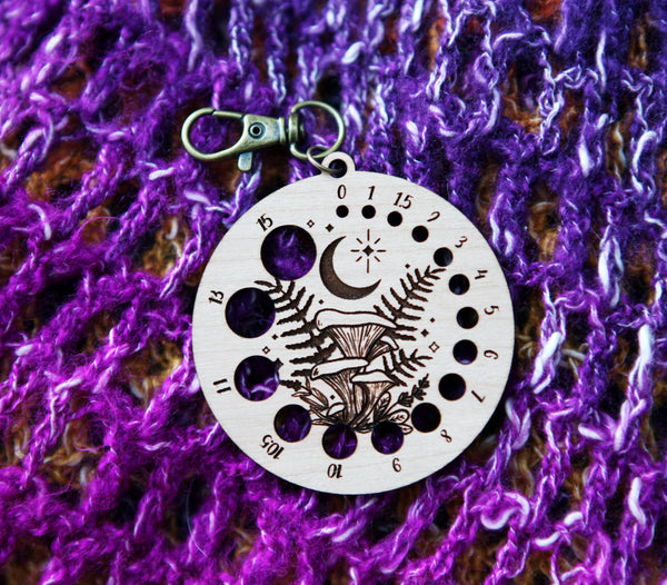 Cherry Wood Knitting Gauge with Moon, Stars & Bronze Clasp