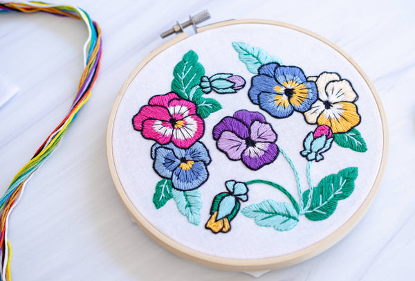 Springtime Pansies Sampler DIY Premium Embroidery Kit, 6 inch
