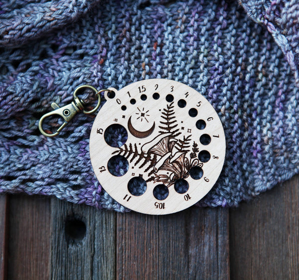 Cherry Wood Knitting Gauge with Moon, Stars & Bronze Clasp