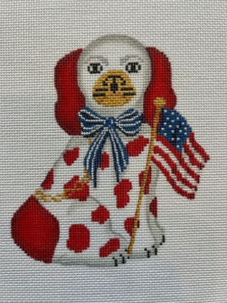 OM-322  Mini Staffordshire Dog Ornament - white & red with flag