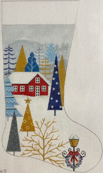 Blue & Gold Christmas Scene Stocking (AP-4267)